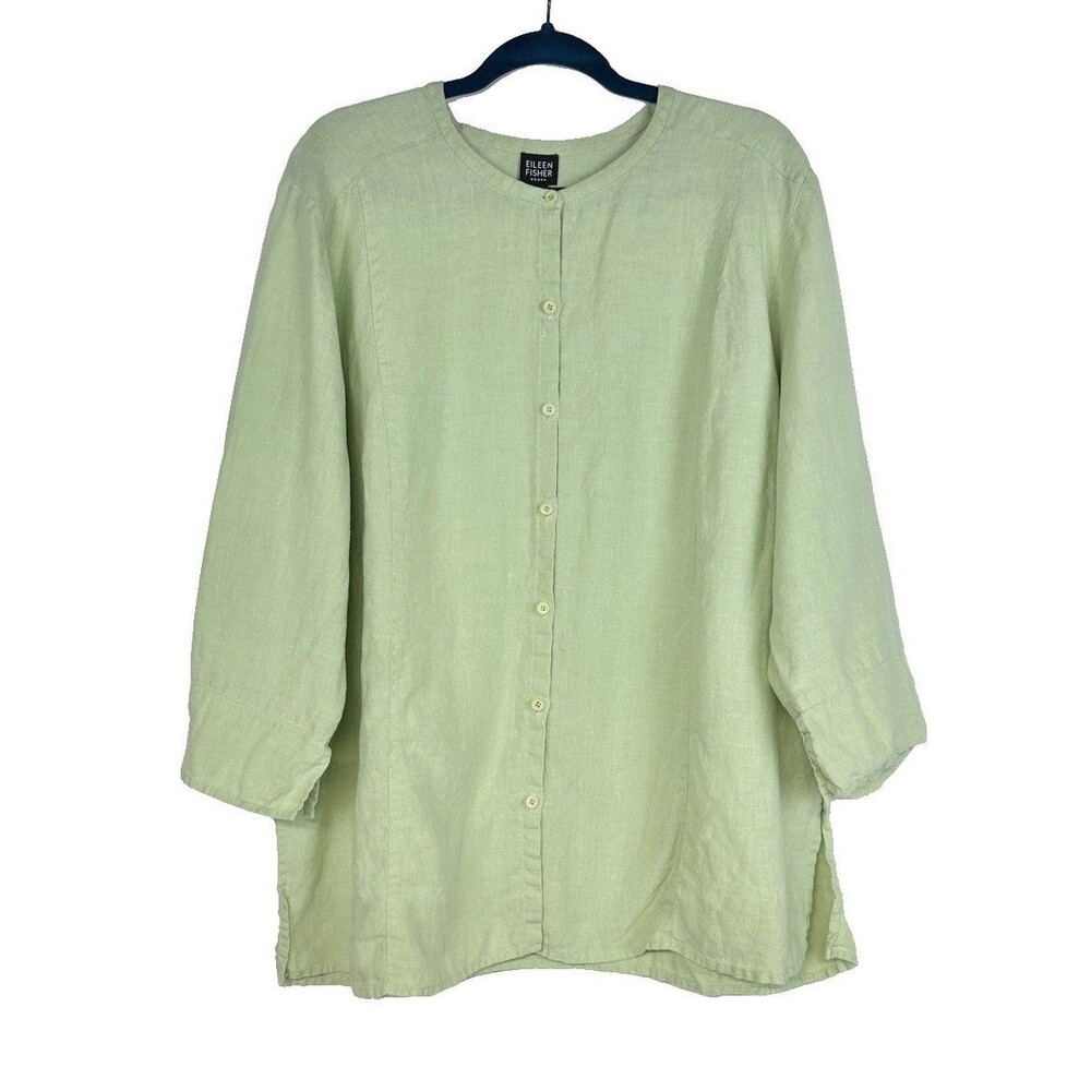 Eileen Fisher Tunic 100% Linen Button Front Light Green Womens 2X Coastal Boho